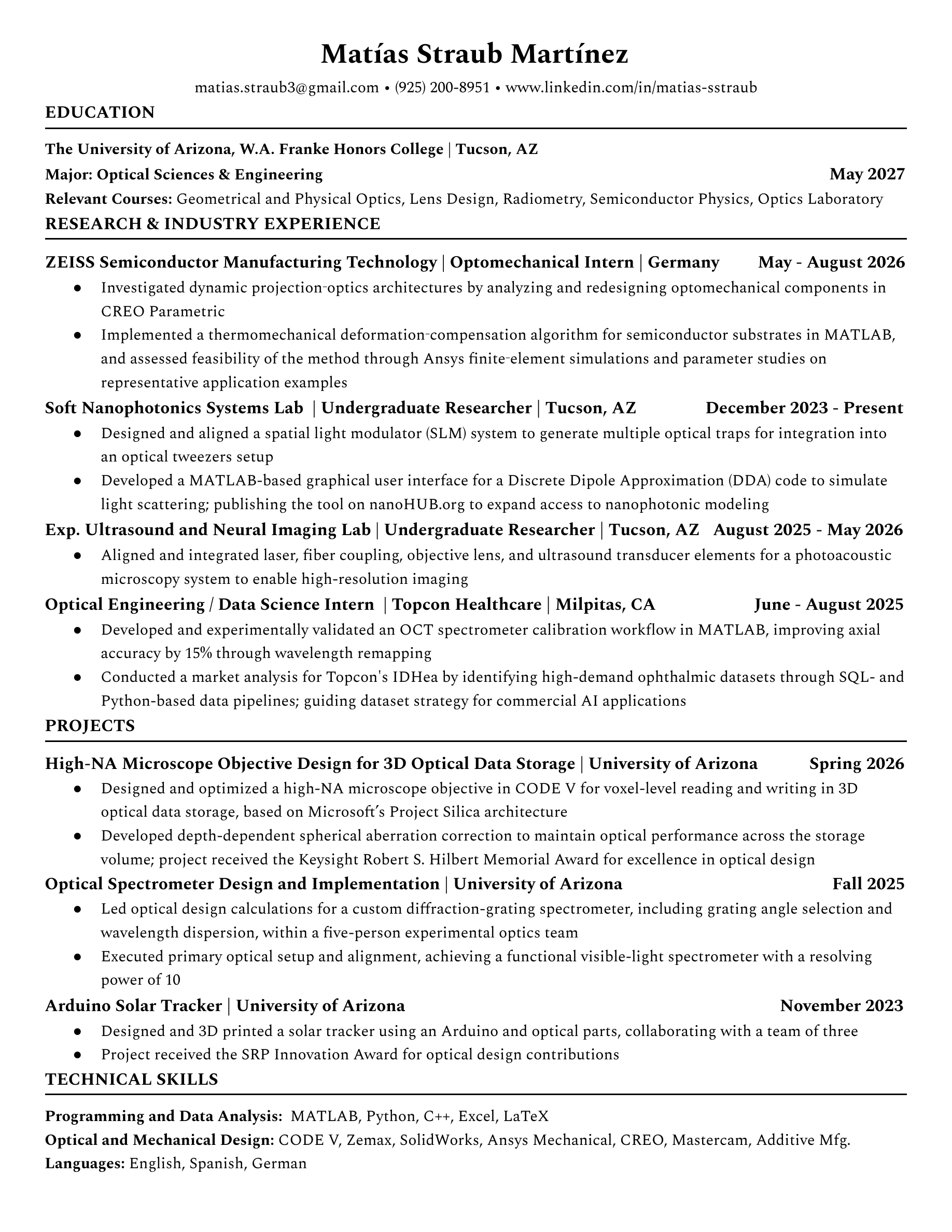 Resume for Matías Straub Martínez. Download PDF for selectable text and links.
